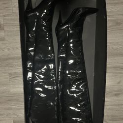 NIB YSL Saint Laurent KiKi 85 Patent Leather Black Boots Thigh High 39.5