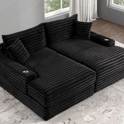 Brand New Black Super Plush Chenille Double Chaise Sofa 