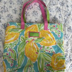 Lilly Pulitzer blue and yellow tote bag with pink handles