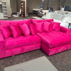 Big Soft Pink Velvet Sectional Couch