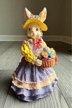 Vintage Easter Bunny Figurine with Flower Basket 8”