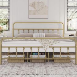 Classic Metal Platform Bed Frame Mattress Foundation with Victorian Style Iron-Art Headboard/Footboard/Under Bed Storage/No Box Spring Needed/King Siz