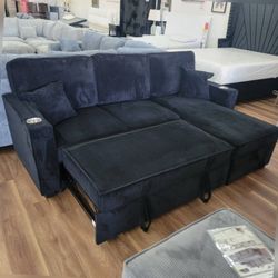 Black corduroy sectional sleeper sofa with pull out bed