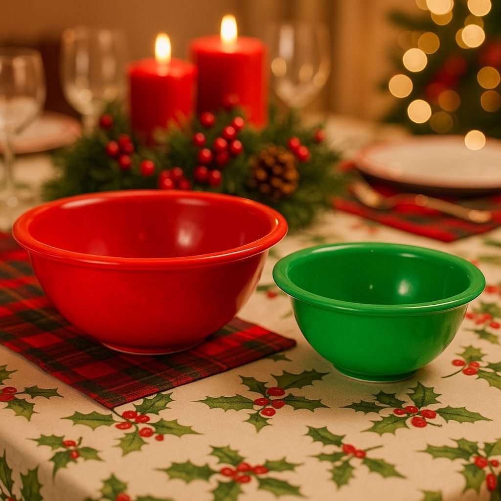 PYREX USA 1960s 2 Opalware Red & Green Mixing Bowls, 2.5 L & 1 L