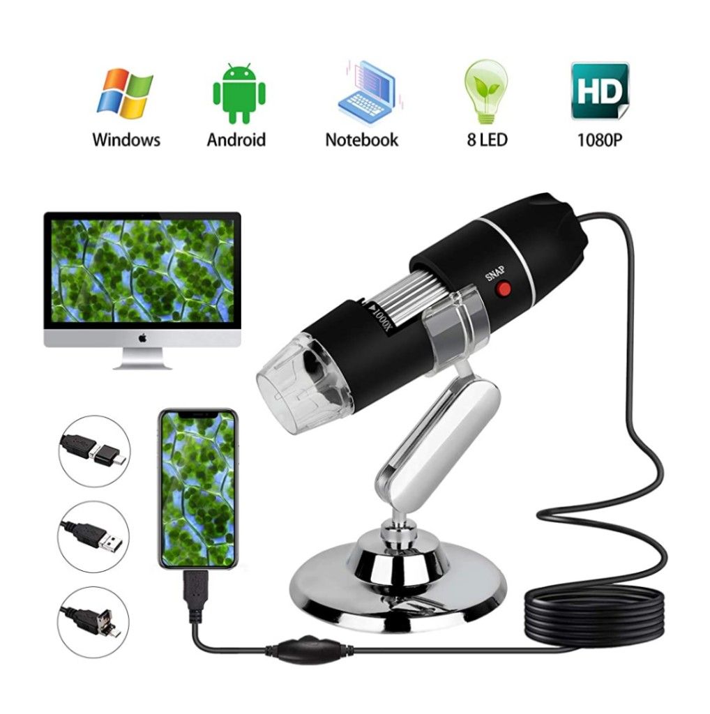 USB Digital Microscope 40 to 1000x, 8 LED Handheld Magnification Endoscope Camera with OTG Adapter and Metal Stand