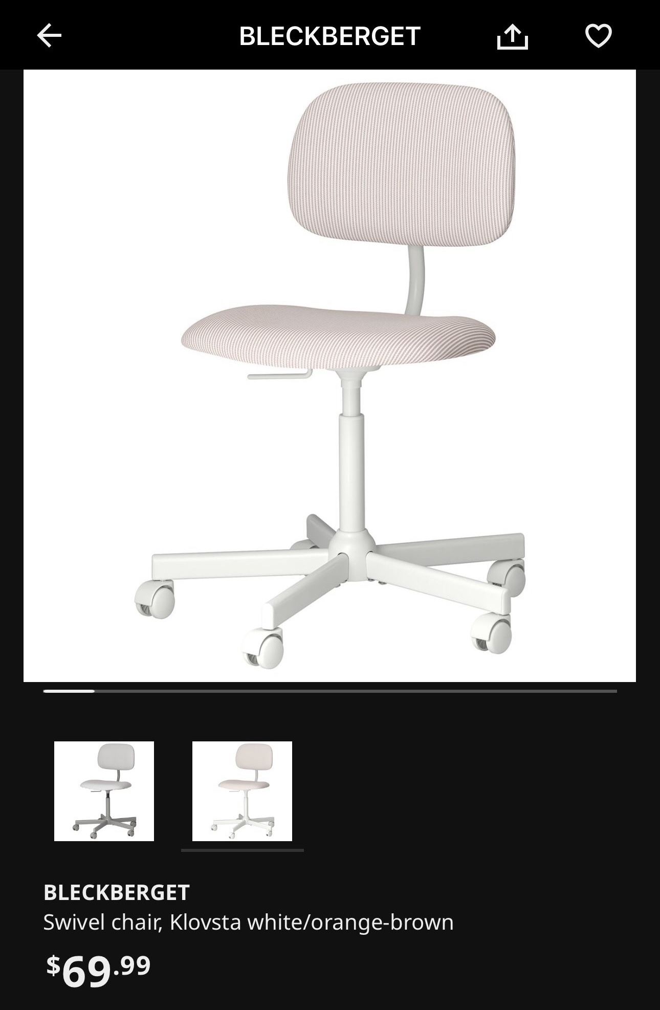 $40 BLECKBERGET IKEA Swivel Office chair, Klovsta white/orange-brown