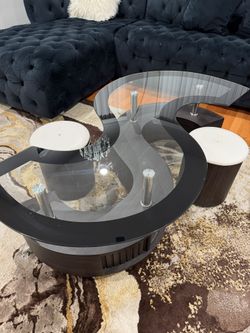Modern S-Curve Glass Coffee Table with 2 Storage Ottomans - Excellent Condition