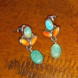 Vintage Turquoise And Orange Spiny Oyster Sterling Silver Earrings