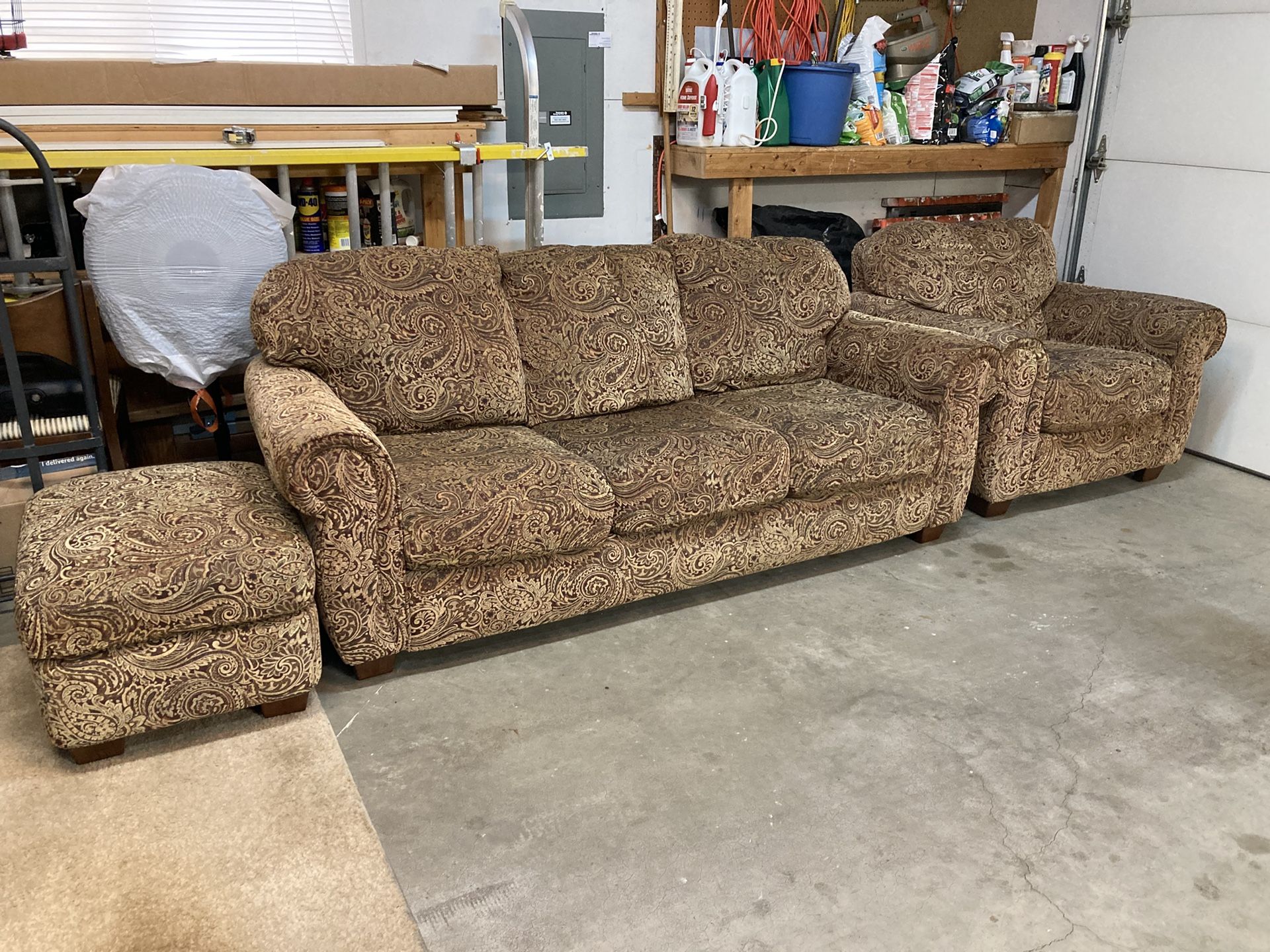 Brown Pattern Sofa, Chair, & Ottoman