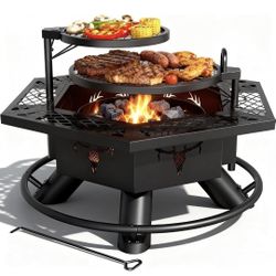 OUTDOORS Fire Pit with BBQ, Outdoor Fire Pit for Wood Burning, Patio Firepits for Outside with Grill