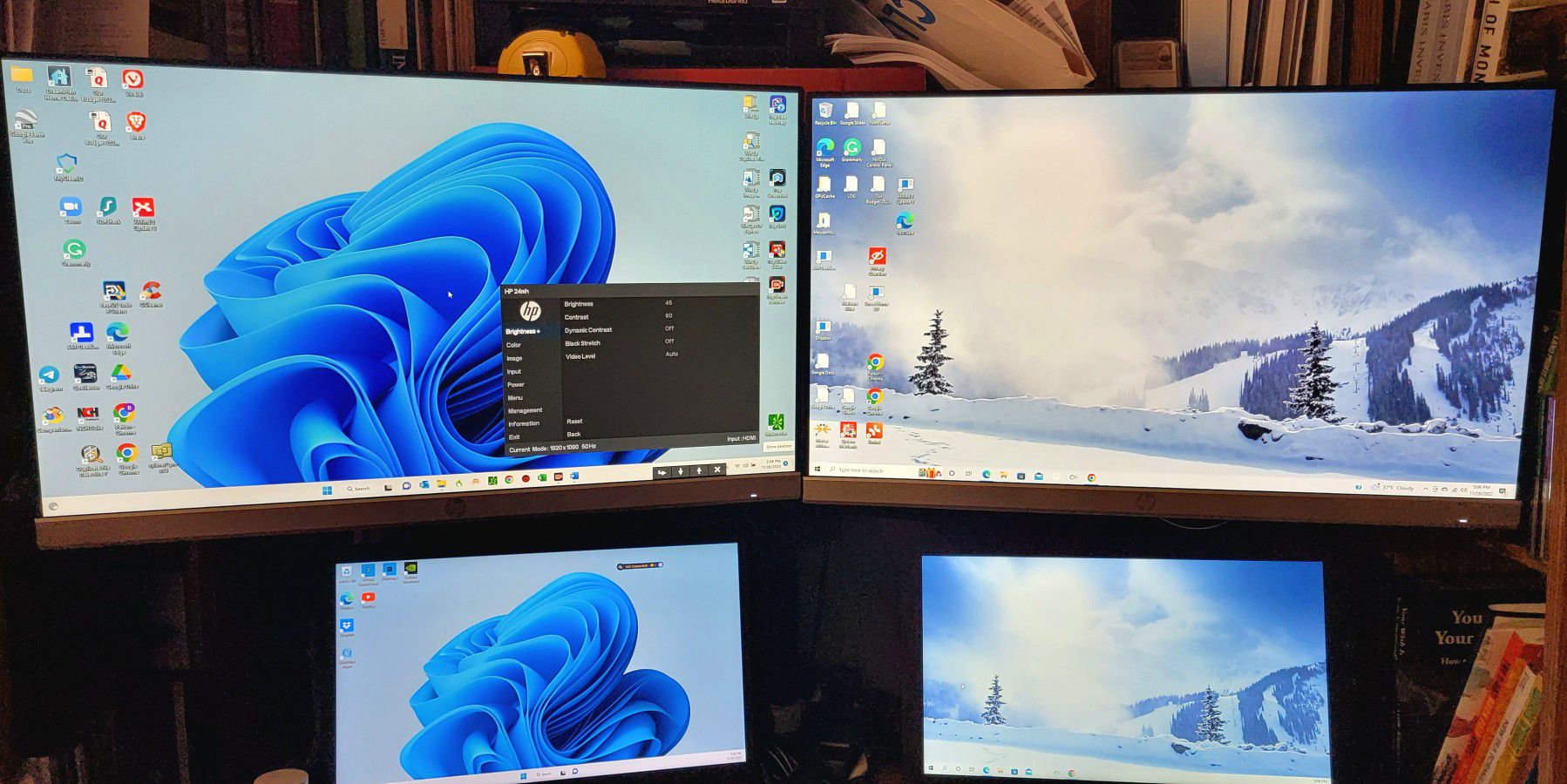 Two - 24 HPmh FHD Monitors w/ HUANUO Dual Monitor Stand