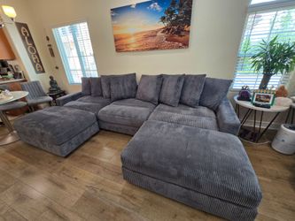 Living Spaces Oversized Gray Corduroy Sofa + 2 Matching Ottomans — VG Condition | 18 Months Old $750