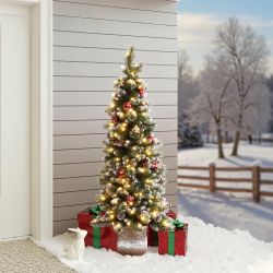 Pre-Lit Pine Christmas Tree with Snowflake Potted,5Ft ,AP2493