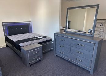 Lodanna Gray LED Upholstered Panel Bedroom Set   Bed, Dresser, Mirror, Nightstand
