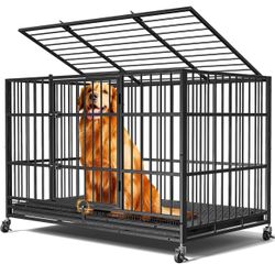 48” Dog Crates for Large Dogs, Upgraded 4 Lockable Wheels, Removable Door,  V-7
