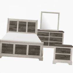 Bedroom Set Farmhouse Style White Gray Queen Set NEW 4 PIECES