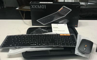 ProtoArc XKM01 Full-Size Foldable Keyboard Mouse Combo for Travel, Gray 105-key keyboard, slim mouse, hard case and phone stand, 3-device Bluetooth &