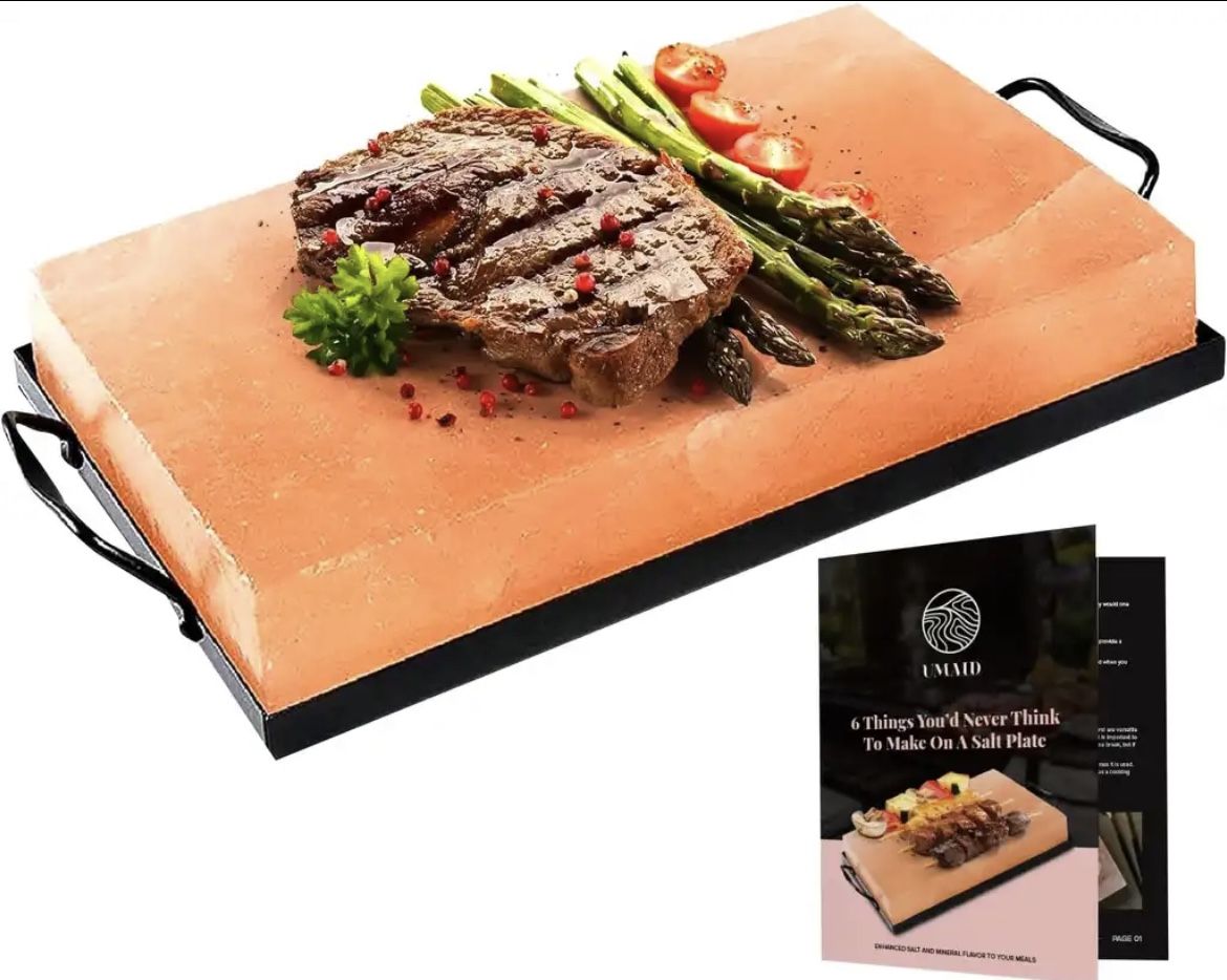 New! Himalayan Salt Block Cooking Powder Plate with Steel Tray -12" x8"  Never Opened -retails for $50
