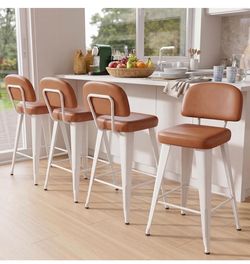 NEW 24" Bar Stools Set of 4, Faux Leather Counter Height Barstools with Low Back, Upholstered (WHITE/BROWN
