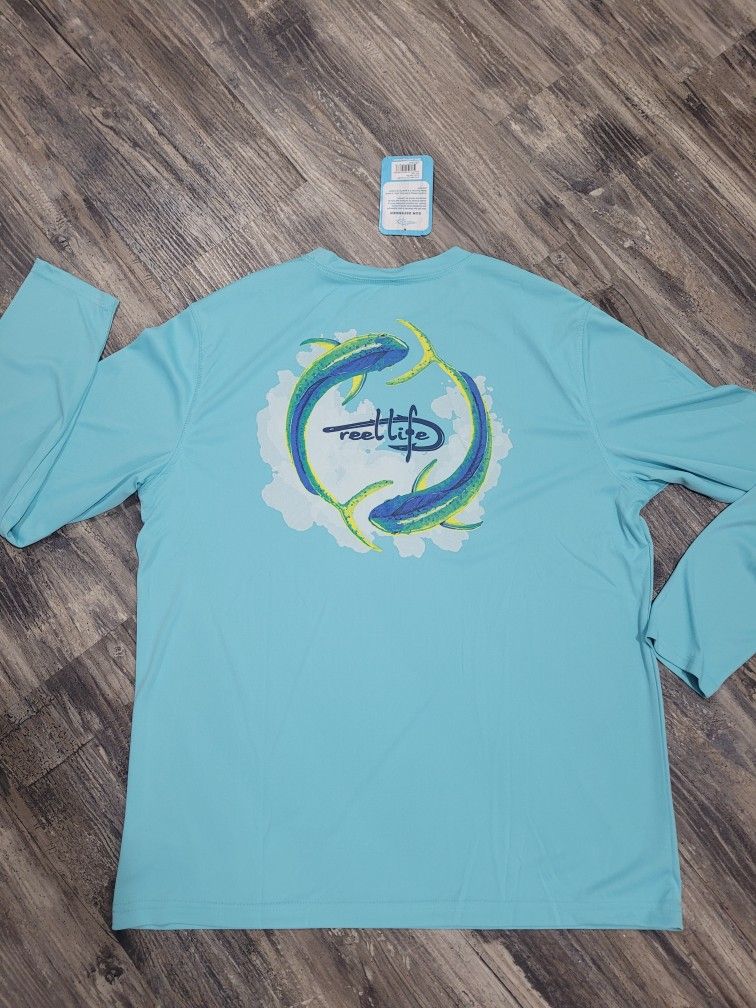 New Men's Reel Life Long Sleeve Dry Fit Aqua Blue Fishing Shirt Size Large