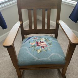 Vintage White Oak Rocker with Embroidered Seat