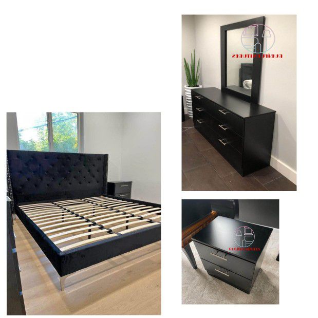 NEW Velvet Queen Platform Bed. Mirror Dresser And 1 Nightstand.  4 PIECES.  SET ALSO SOLD SEPARATELY 