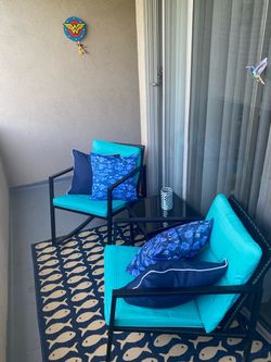 Set of 2 Outdoor Patio Rocking Chairs – Turquoise Cushions – Black Metal Frames