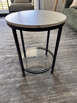 Round Marble-Look Side Table with Glass Shelf