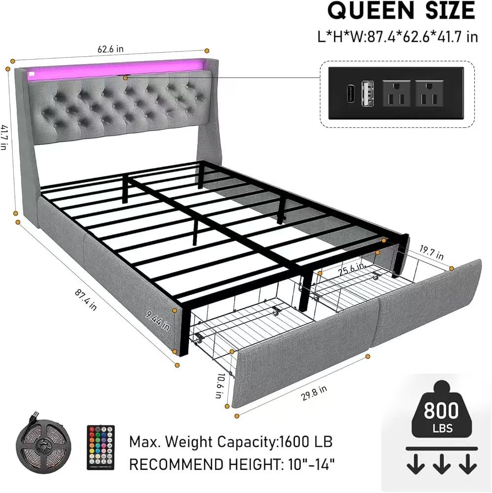 🥨Queen Size Bed Frame with Charging Station and Headboard, Upholstered Button Tufted Platform Queen Bed with 2 Storage Drawers and LED Lights, No Box