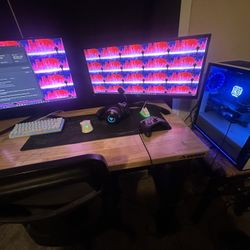 Gaming Pc With 2 Monitors And Keyboard, Mouse, And Headset 
