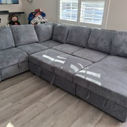 4pcs Sectional Sofa w/sofa & chaise storage,pulloutbed & USB connection