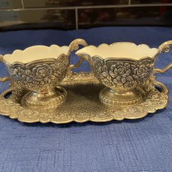 Vintage Sugar/Creamer And Ornate Tray With Protective Coating   