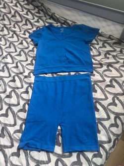 Blue Ribbed Crop Top and Bike Shorts Set XL/XXL