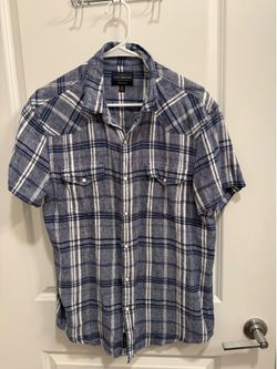 Lucky Brand men's blue plaid linen blend western shirt with pearl snap buttons