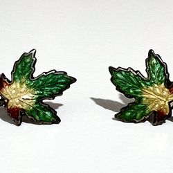 Signed BMCO Beautiful Vintage Sterling Silver Enamel Leaf Earrings