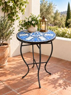 Vintage Blue & White Mosaic Tile Bistro Side Table Wrought Iron Patio Accent Plant Stand Rusty Garden Table