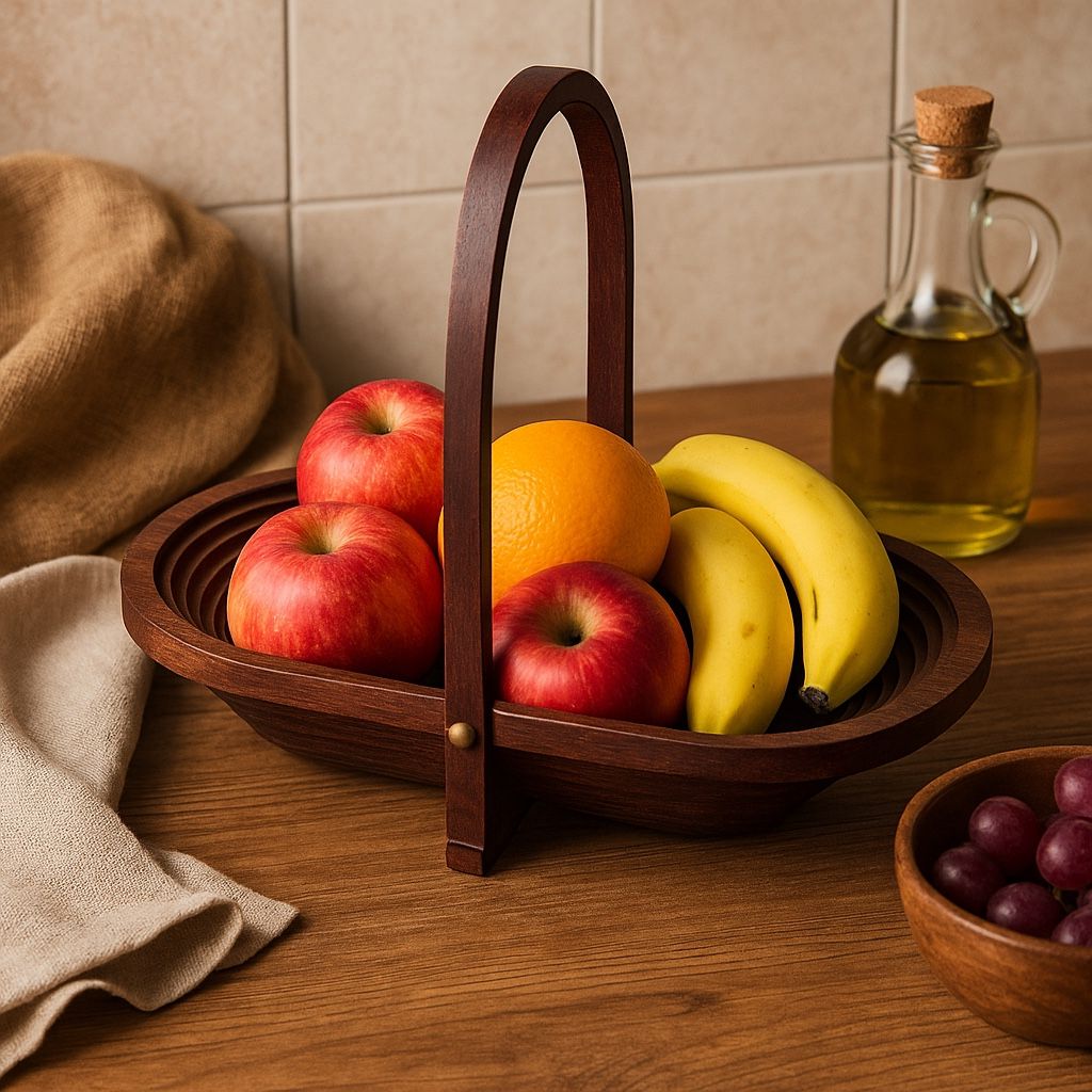 Indian Vintage 1970s Rosewood Folding Carved Fruit Bread Basket, 16.5x7x11 In