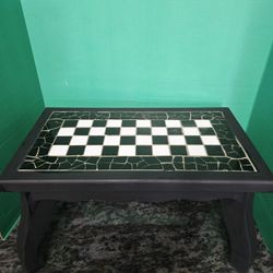 Vintage Mosaic Chess Table Black&White Features Handcrafted Checkered Board Set Into Wooden Frame 10.5"×19.5"×11.5"