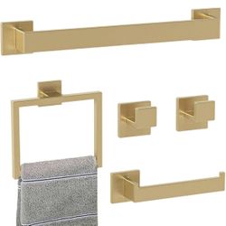 Bathroom Accessory Towel Bar Set: 5 Pieces Gold Bathroom Hardware Square SUS304 Stainless Steel - Wall Mounted Towel Rack&Toilet Paper Holder&Towel Ri