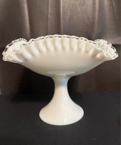 Fenton Silvercrest Milkglass Square Pedestal Compote Bowl, approx 8” tall and 8” wide