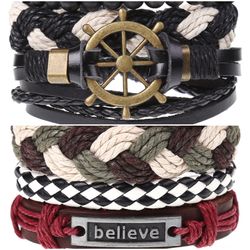 2 x Set Adjust. Size up to 9.5inc Leather Bracelet, (Ship Rudder-Believe_1)