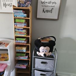 BOOKS AND SHELVE AND 3 DRAW CADY