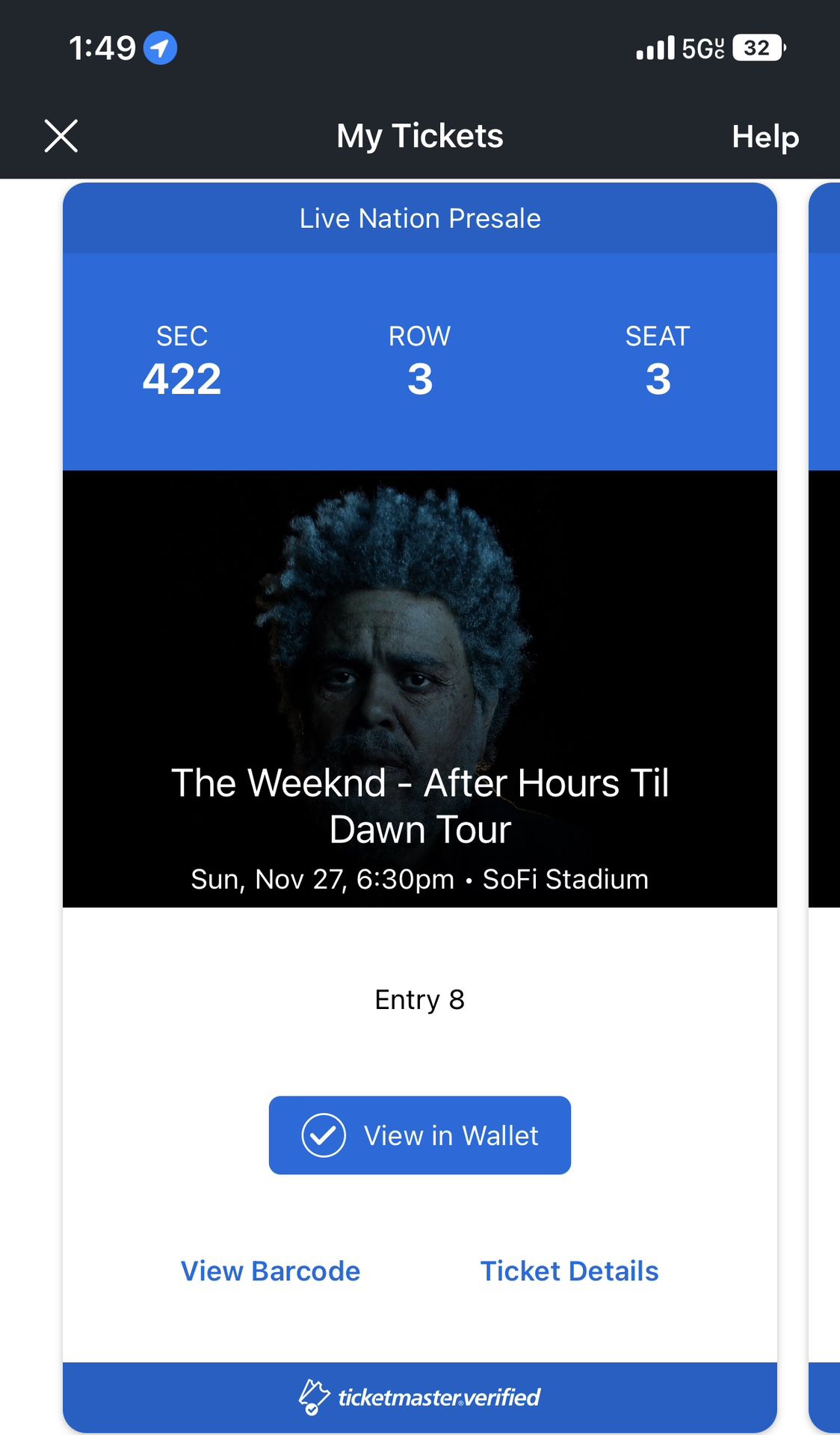 The weeknd after hours till dawn tour november 11/27 Sunday show, 2 tickets 