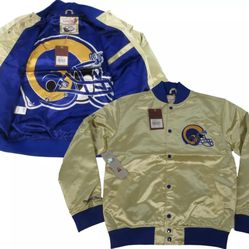 New Los Angeles LA Rams Mens Reversible NFL Mitchell & Ness Light Weight Satin Gold & Blue Medium Retro Throwback Button Up Jacket