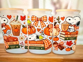 Snoopy Fall Theme 16oz Glass cup w/lid and straw