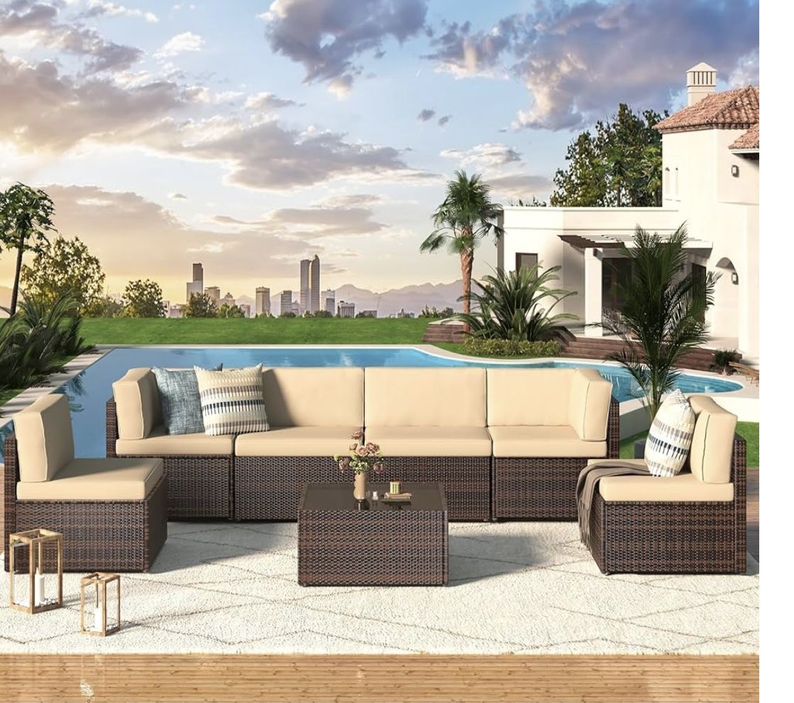U-MAX 7 Piece Outdoor Patio Furniture Set, PE Rattan Wicker Sofa Set, Outdoor Sectional Furniture Chair Set with Cushions and Tea Table, Brown