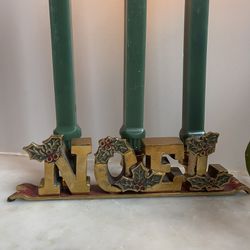 Vintage Solid Brass Noel Christmas Candle Holder With Holly Berries Christmas Mantle Decor 8.5” Candles not included