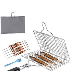 AAWINY Fish Grill Basket, Barbecue Rack Portable Stainless Steel BBQ Grilling Basket for Fish, Foldable Grill Basket with Removable Handle