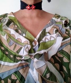 Handmade Wide Black Fabric Choker with Red Floral Blossom Accents