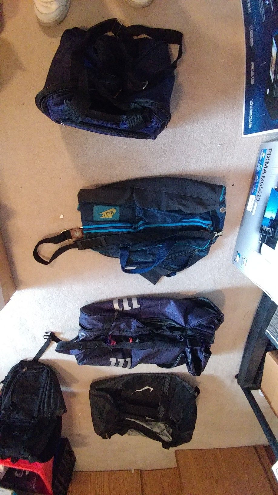 3 large gym (Nike and Wilson), 1 sling style backpack and a purse type backpack. Excellent condition.